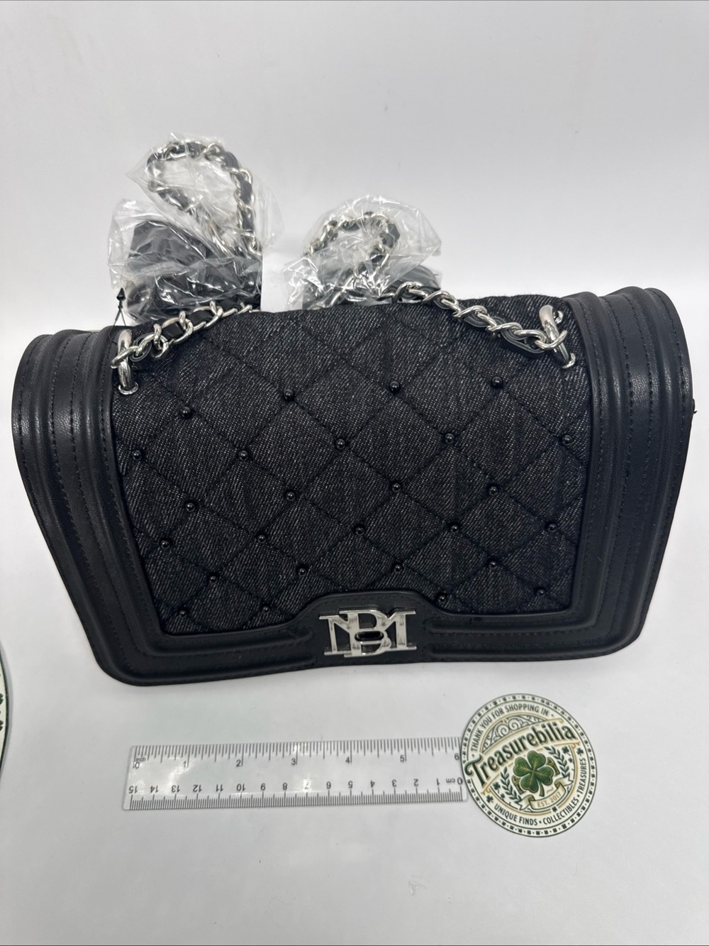 Badgley Mischka Black Quilted black diamond denim Crossbody Bag Silver Hardware - Picture 16 of 16